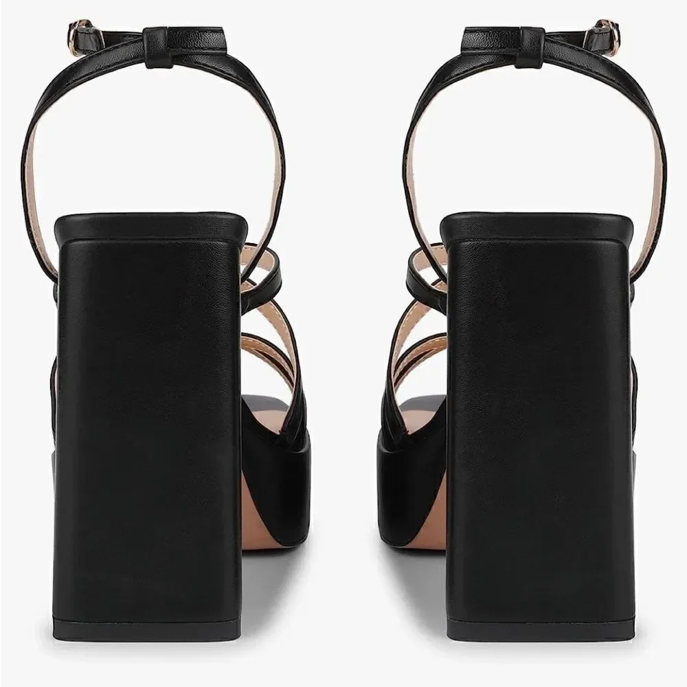 ISNOM Platform Chunky Block Heel Sandals with Open Square Toe size 7